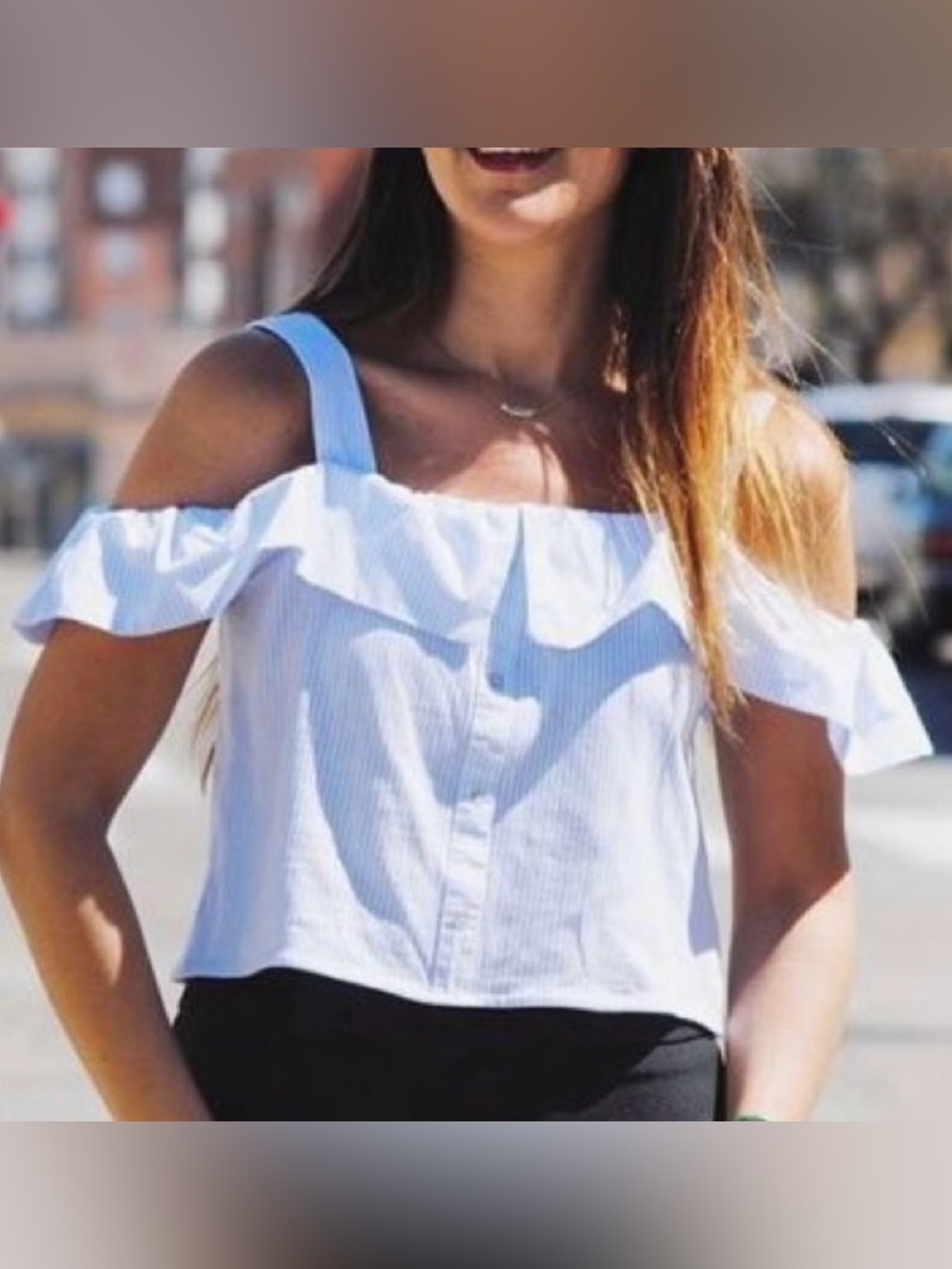 Zara Off-Shoulder Ruffle Top in Blue and White Size Small